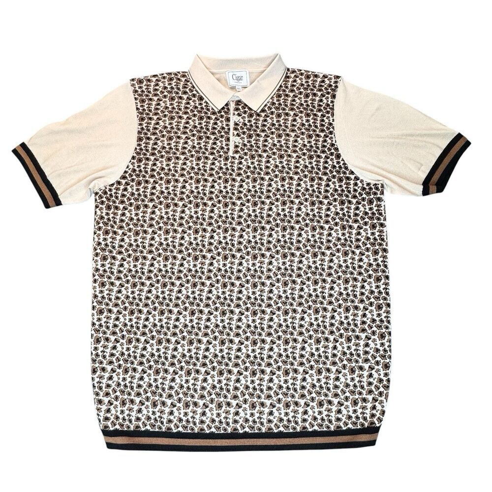 Cigar Couture Men 3XL Polo Shirt Knit Tan Brown Leopard Grandpa Comfort Stretch